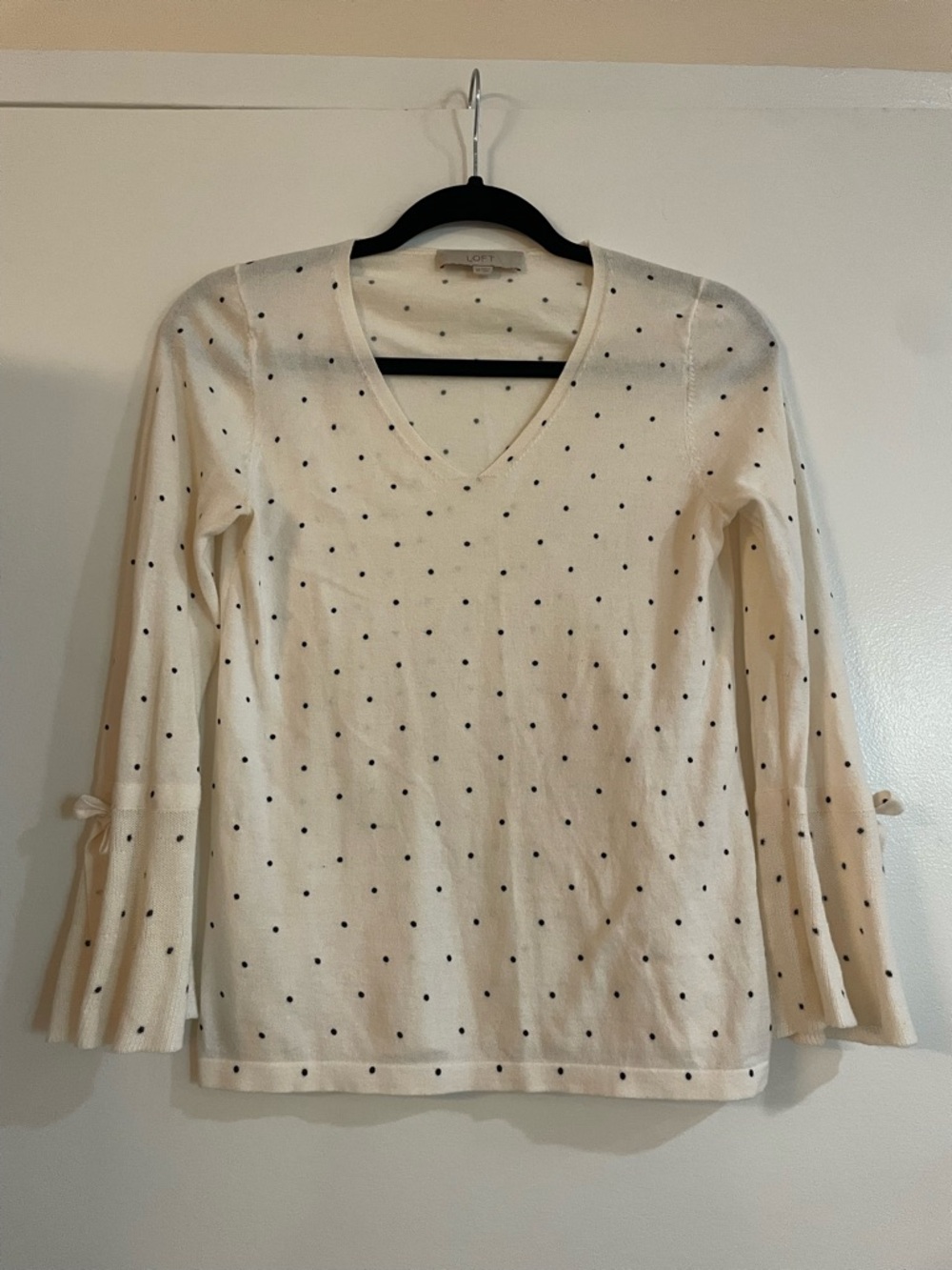 LOFT Cream Long-Sleeve V-Neck Polka Dot Sweater with Sleeve Ties